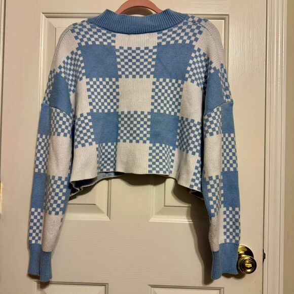 Womens Blue White Checkered Crop Cardigan Preppy Oversize Sweater Pastel Blue L - Picture 5 of 5